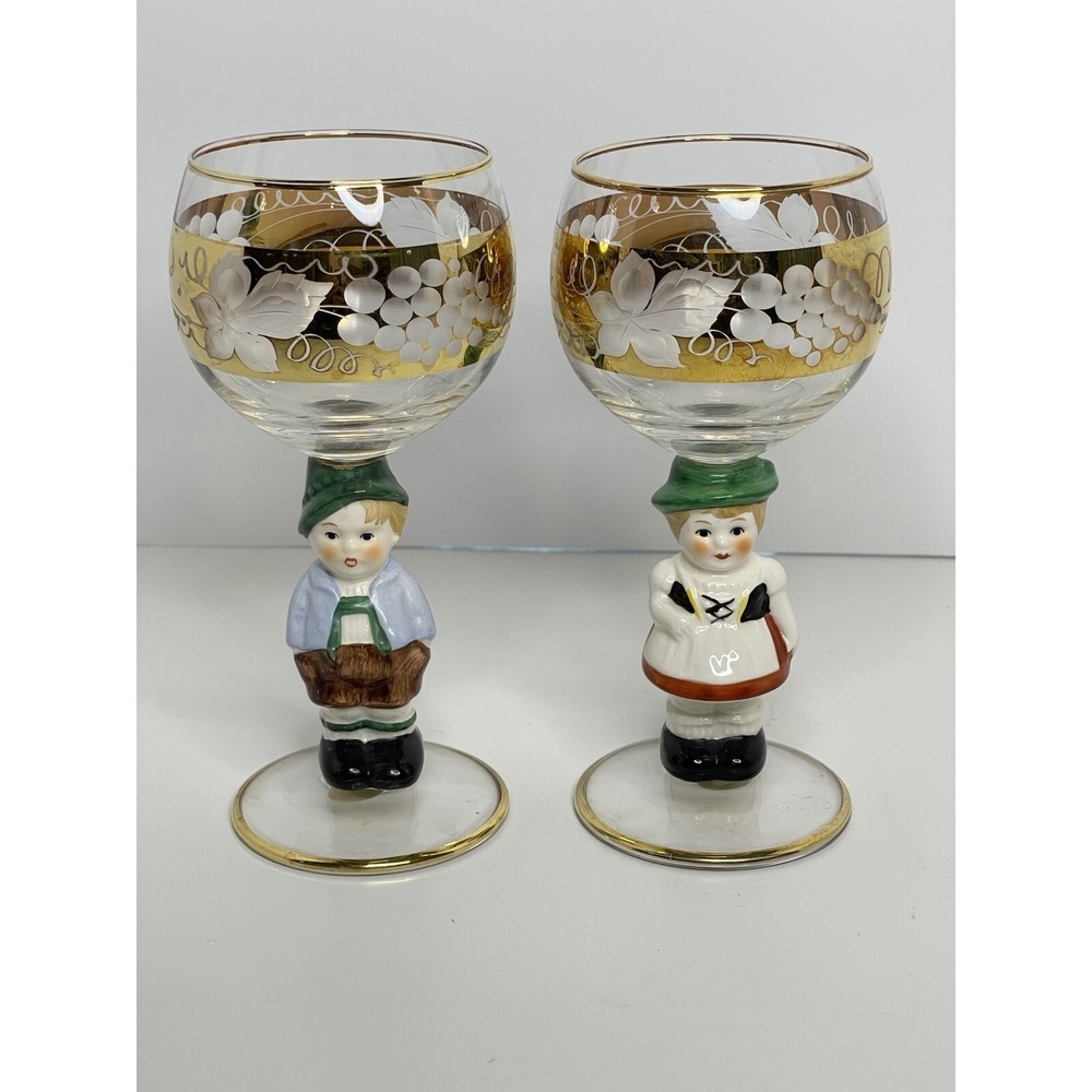 Vintage Goebel Hummel Wine Cordial Glasses Goblets Gold Trim Western Germany Set